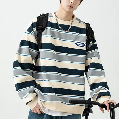 青少年条纹圆领卫衣男秋冬长袖男款T恤上衣2023新款套头外套宽松商品大图