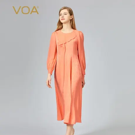 VOA提花桑蚕丝橙色圆领活页拼接乔其衬衫袖飘带中长款真丝连衣裙图片