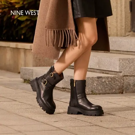 Nine West/玖熙厚底短靴女秋冬新款真皮黑色马丁靴扣带机车靴图片