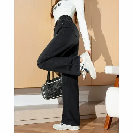 唐狮春秋冬季新款牛仔裤女热熔岩阔腿裤黑色加绒保暖宽松裤子女TD商品大图