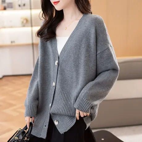 2023秋冬新款韩版女士毛衣外套开衫宽松针织衫慵懒风加厚长袖V领商品大图