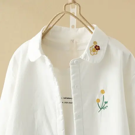 冬装加绒加厚保暖绣花纯棉白色衬衣女文艺小清新长袖百搭打底上衣商品大图