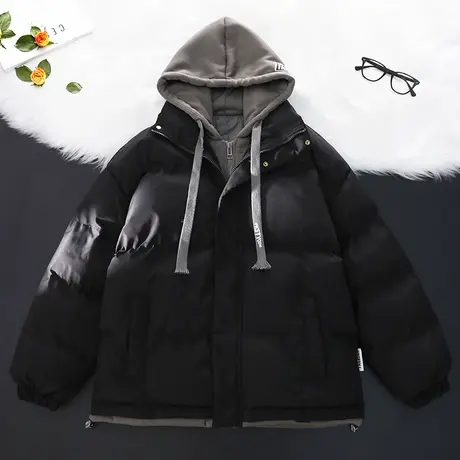 男士秋冬季2023新款潮牌假两件棉衣外套宽松大码连帽男生面包棉服商品大图