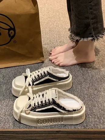 网红爆款方头帆布半拖鞋女2023新款高级感厚底增高无后跟懒人拖鞋图片