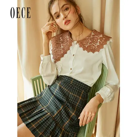 【买1送1】Oece春装新款个性复古甜心法式撞色蕾丝娃娃领雪纺衬衫商品大图