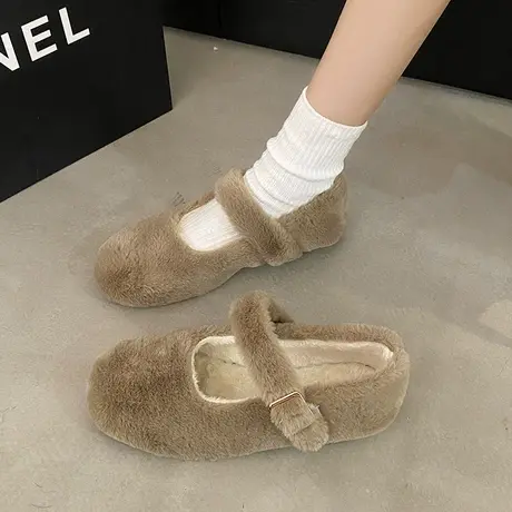 网红毛毛鞋女秋冬外穿2023年新款韩版平底玛丽珍豆豆鞋女加绒棉鞋商品大图