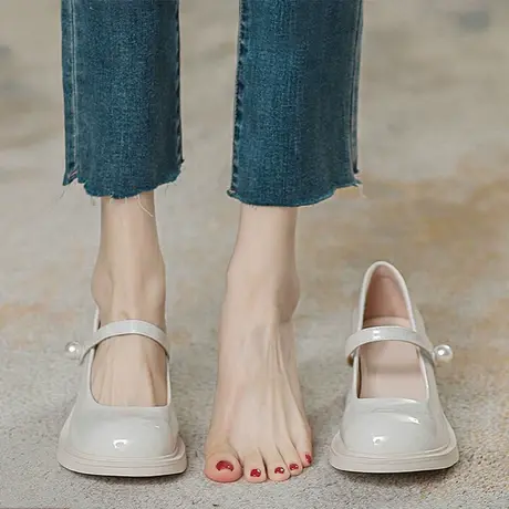 真皮法式玛丽珍高跟鞋女2023年夏新款百搭浅口复古小皮鞋粗跟单鞋图片