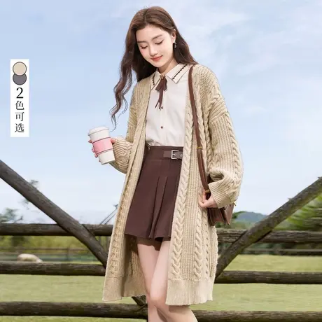 【罗永浩双11直播】香影复古麻花针织开衫女2023秋冬过膝毛衣外套商品大图