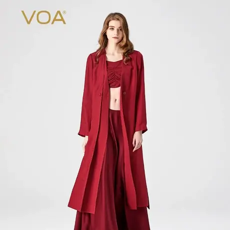 VOA桑蚕丝暗纹提花酒红色V领长袖两粒扣腰带宽松直筒真丝风衣外套商品大图