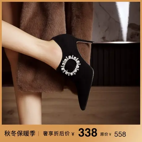 熙漫2023秋冬新款水钻高级感绒面深口单鞋黑色尖头细跟高跟及踝靴商品大图