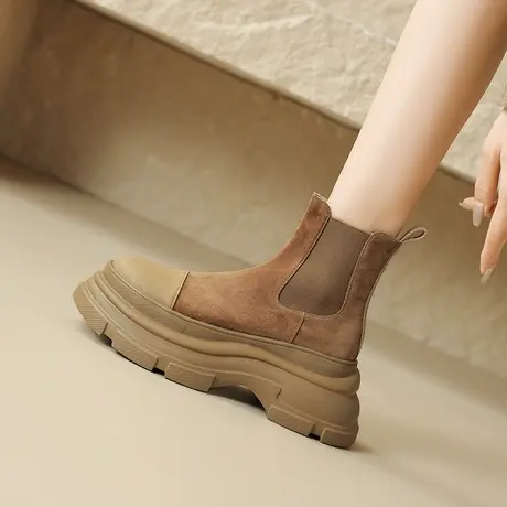 小个子短靴女2023新款春秋厚底增高马丁靴复古英伦切尔西靴烟筒靴图片