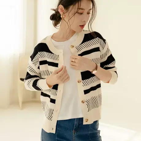 桔熊秋冬季通勤温柔撞色条纹针织衫外套保暖上衣女装大码FA2575图片