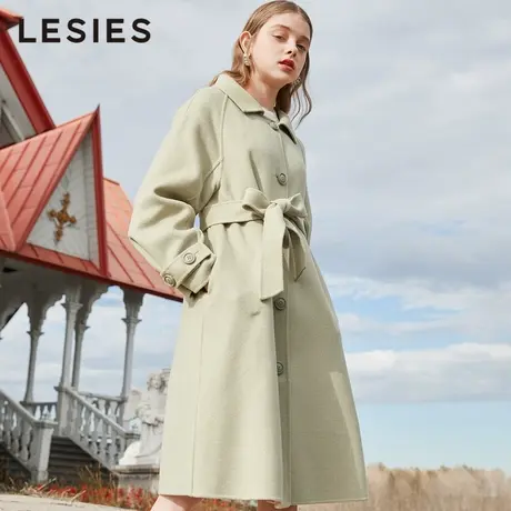 蓝色倾情款女装 抹茶绿翻领双面呢大衣女中长款羊毛外套图片