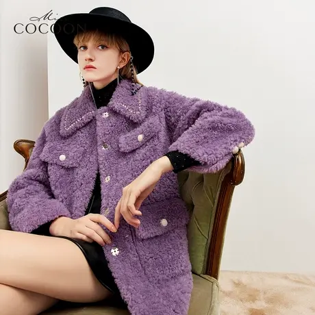 missCOCOON紫色皮草外套女2021年新款冬装宽松时尚羊羔毛气质上衣商品大图