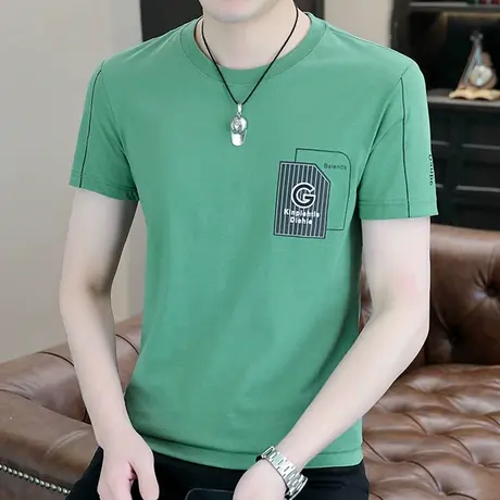 短袖t恤男夏季绿色青少年潮流休闲衣服圆领男士上衣半袖男款体恤T商品大图