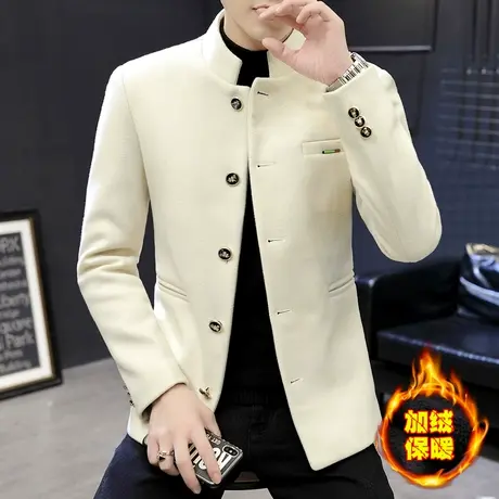 加绒加厚立领西装男士帅气中山装外套冬季青年潮流休闲呢子小西服商品大图