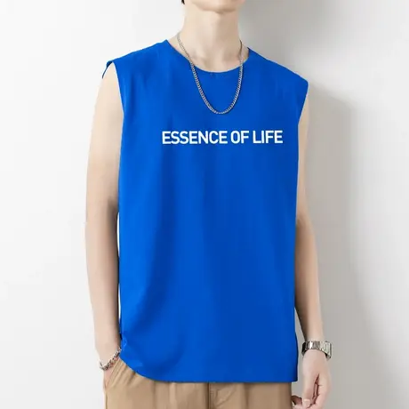 克莱因蓝纯棉背心男士无袖t恤夏季外穿健身篮球跨栏宽肩运动坎肩商品大图