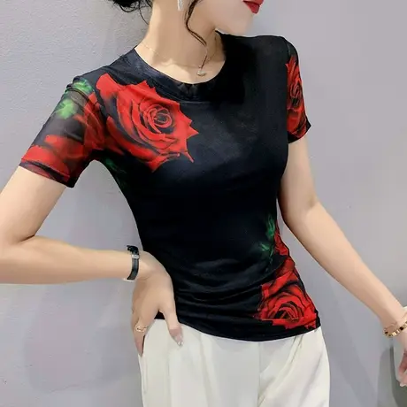 网纱t恤女2024夏季新款玫瑰印花性感气质上衣ins洋气修身短袖小衫图片