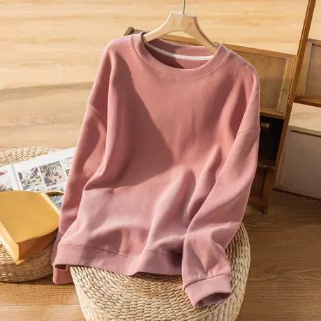 全棉长袖卫衣女宽松文艺复古套头上衣女纯色春秋外套时尚2024新款图片