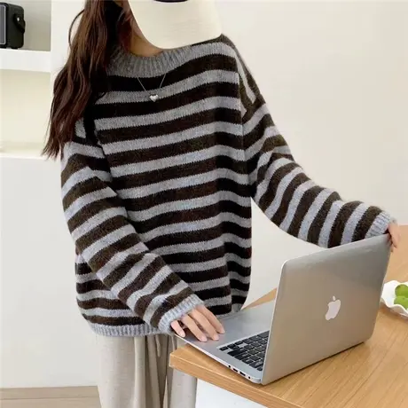 慵懒风女毛衣2023年新款秋冬条纹宽松针织打底衫洋气百搭气质上衣图片