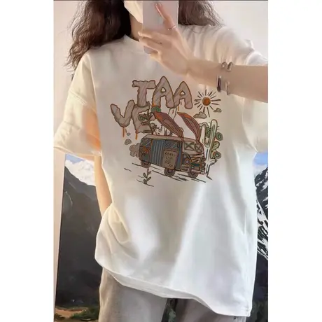 夏日多巴胺穿搭！白色短袖t恤女2023新款夏季宽松中长款纯棉上衣图片