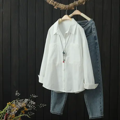 文艺复古宽松大码长袖衬衫女秋季新款纯色翻领休闲百搭衬衣打底衫商品大图