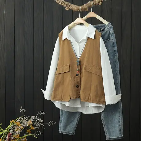 文艺复古纯色全棉马甲外搭女士宽松大码休闲百搭无袖坎肩马夹上衣图片
