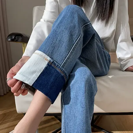 卷边牛仔裤女直筒宽松显瘦2023新款春秋高腰拼接小个子九分烟管裤商品大图
