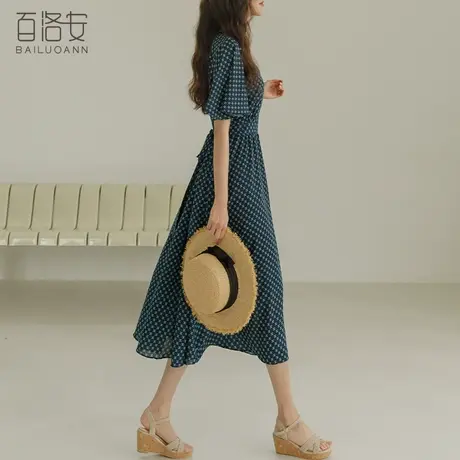 百洛安优雅气质印花连衣裙女2024夏新V领短袖系带收腰a字大摆长裙图片