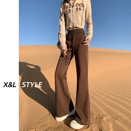 棕色微喇叭裤女加绒加厚2023秋冬新款保暖卫裤拖地运动休闲瑜伽裤图片