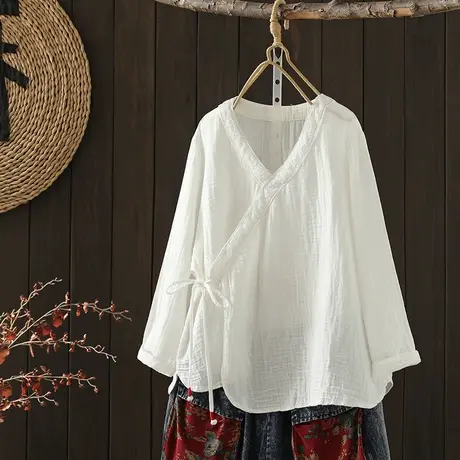 枫谜夏季新款文艺舒适双层棉纱V领系带中国风茶艺服衬衫长袖商品大图