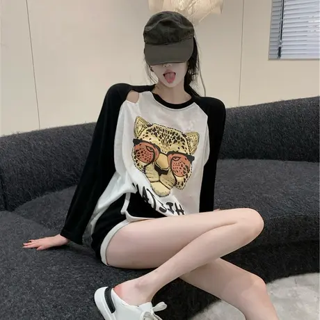 长袖t恤女内搭2024新款露肩撞色打底衫宽松中长款欧美ins早秋上衣商品大图