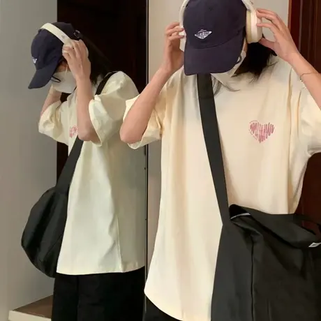 仿棉白色短袖t恤女ins潮2023年夏季新款学生国潮宽松韩版美式上衣商品大图