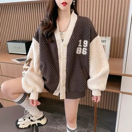 羊羔毛外套女秋冬季韩版宽松大码胖mm撞色加绒加厚夹克开衫卫衣潮商品大图