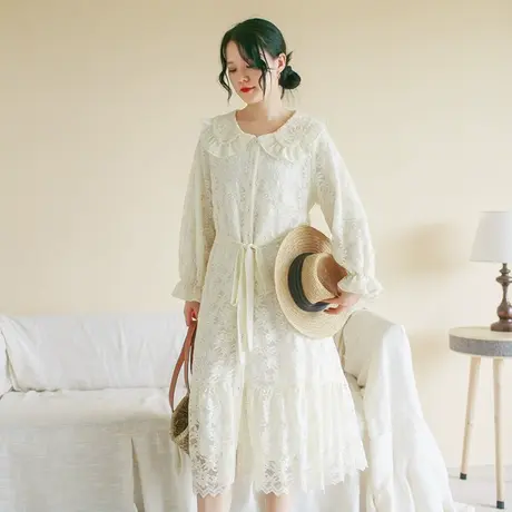 【买一送一】秋季新品大翻领优雅蕾丝连衣裙大码花边领显瘦长裙商品大图