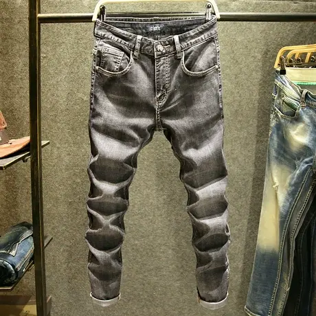 2024夏天薄款牛仔裤男潮牌弹力男裤潮流百搭黑灰色时尚修身小脚裤商品大图