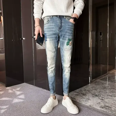 秋季新品潮流男裤个性破洞小熊贴布男生高街潮牌弹力小脚牛仔长裤商品大图