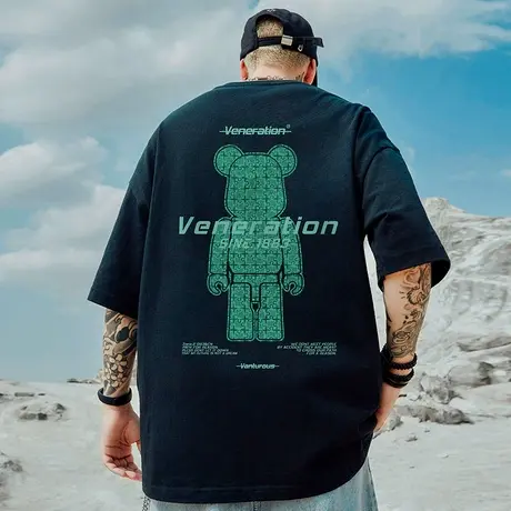 oversize小熊潮牌大码胖子男装国潮纯棉宽松短袖T恤潮流ins半袖夏图片