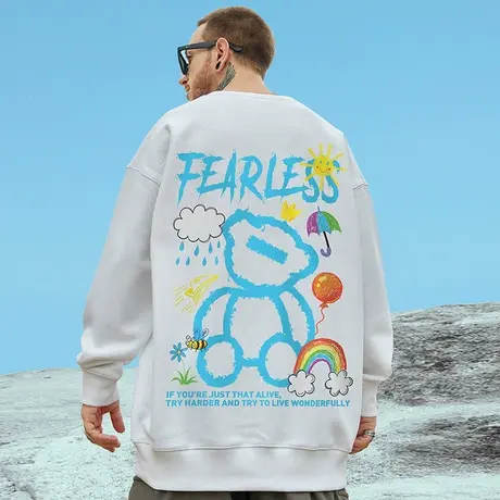 oversize港风圆领加绒卫衣男士潮牌ins大码男装秋冬季情侣装外套图片