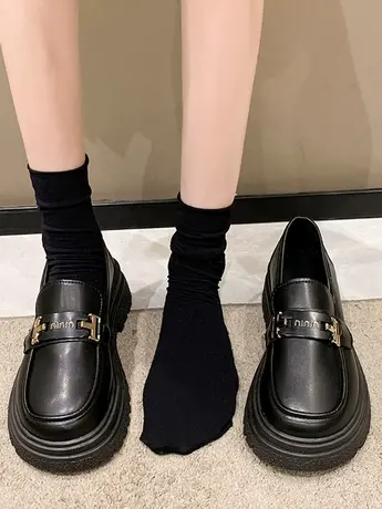 厚底英伦风小皮鞋女2023新款春秋季粗跟时尚圆头一脚蹬休闲乐福鞋商品大图