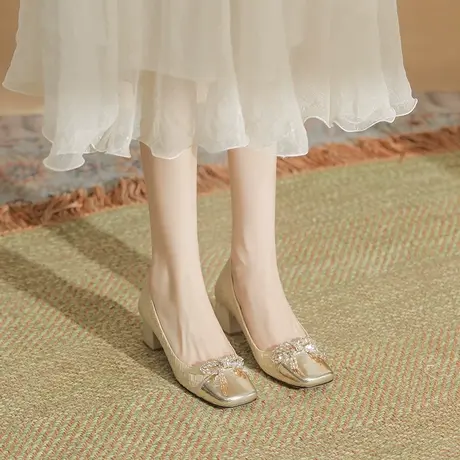 方头拼色单鞋女中跟2024年新款秋冬季小众设计感粗跟高跟鞋不累脚商品大图