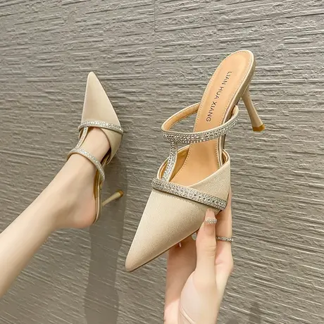 凉拖鞋女外穿2024年夏季新款时尚尖头高跟鞋气质细跟水钻包头凉鞋商品大图