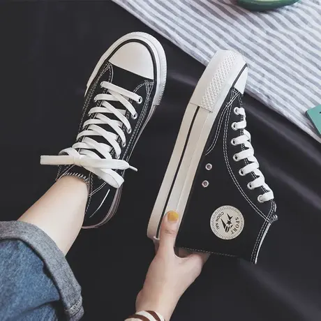 女鞋2023春款高帮帆布鞋女韩版鞋子女休闲厚底潮鞋复古港味板鞋女商品大图