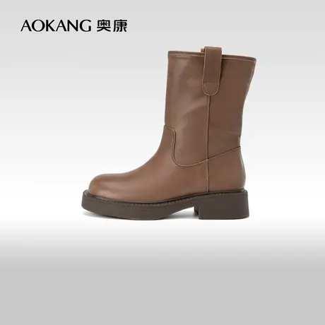 奥康女鞋 冬季新款时尚通勤时装靴棕色粗跟圆头中筒靴马丁靴商品大图