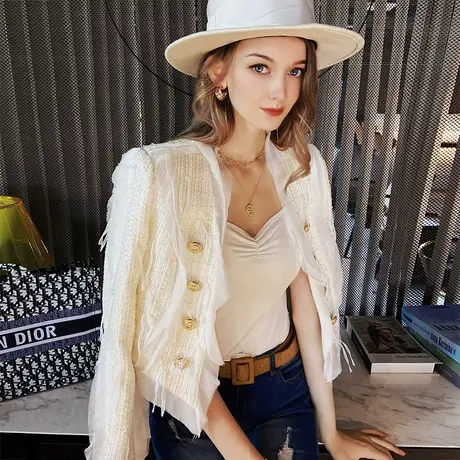 粉红大布娃娃淑女设计感上衣女小香风拼雪纺流苏短外套2022春新款图片