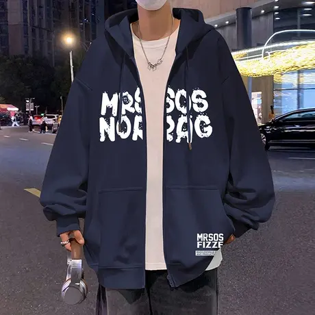 加绒加厚款美式连帽卫衣男春秋款oversize外套港风chic慵懒风开衫商品大图