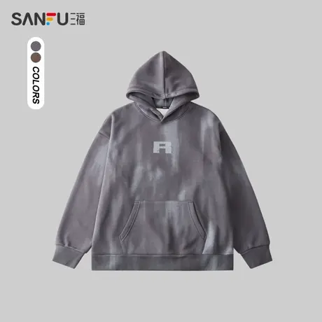 三福2023冬男士重磅蜡染斑驳字母卫衣 复古连帽上衣男479569图片