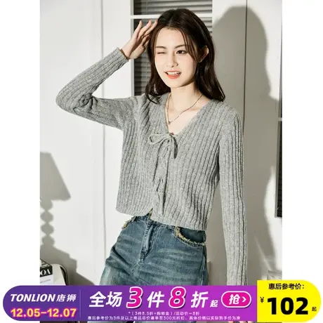 唐狮2024春秋新款女V领绑带长袖毛线衫开衫短款设计感小众上衣cz图片