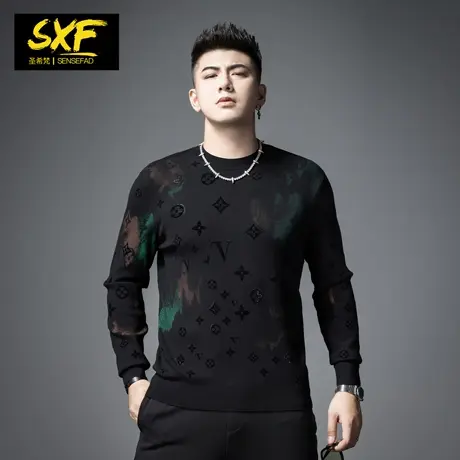 SXF圣希梵毛衣男冬季 2023新款扎染提花上衣圆领体恤潮男士针织衫商品大图