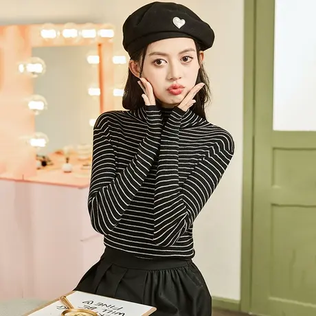 唐狮半高领条纹毛针织衫女装时尚新秋冬季上衣气质修身别致打底衫图片